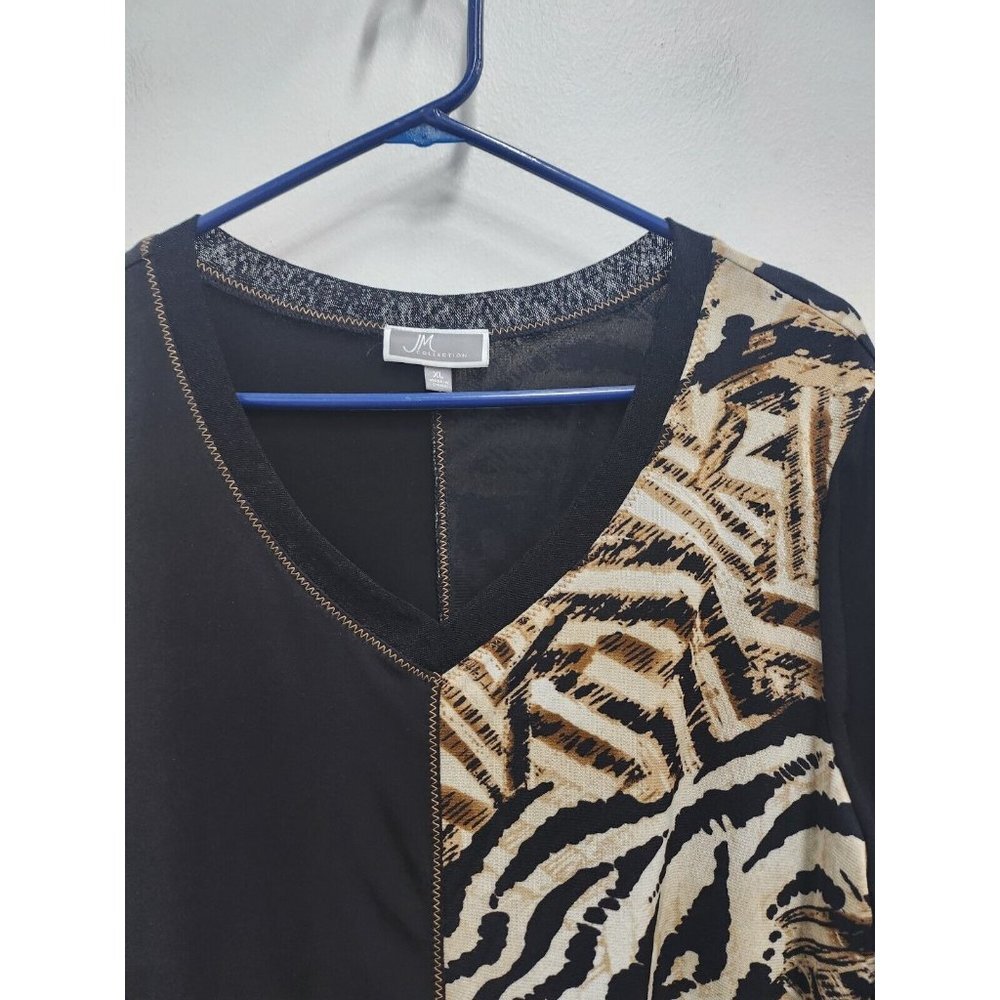 JM Collection Womens Tunic Top XL Black Tan Animal Print Patchwork Sharkbite - Picture 7 of 7